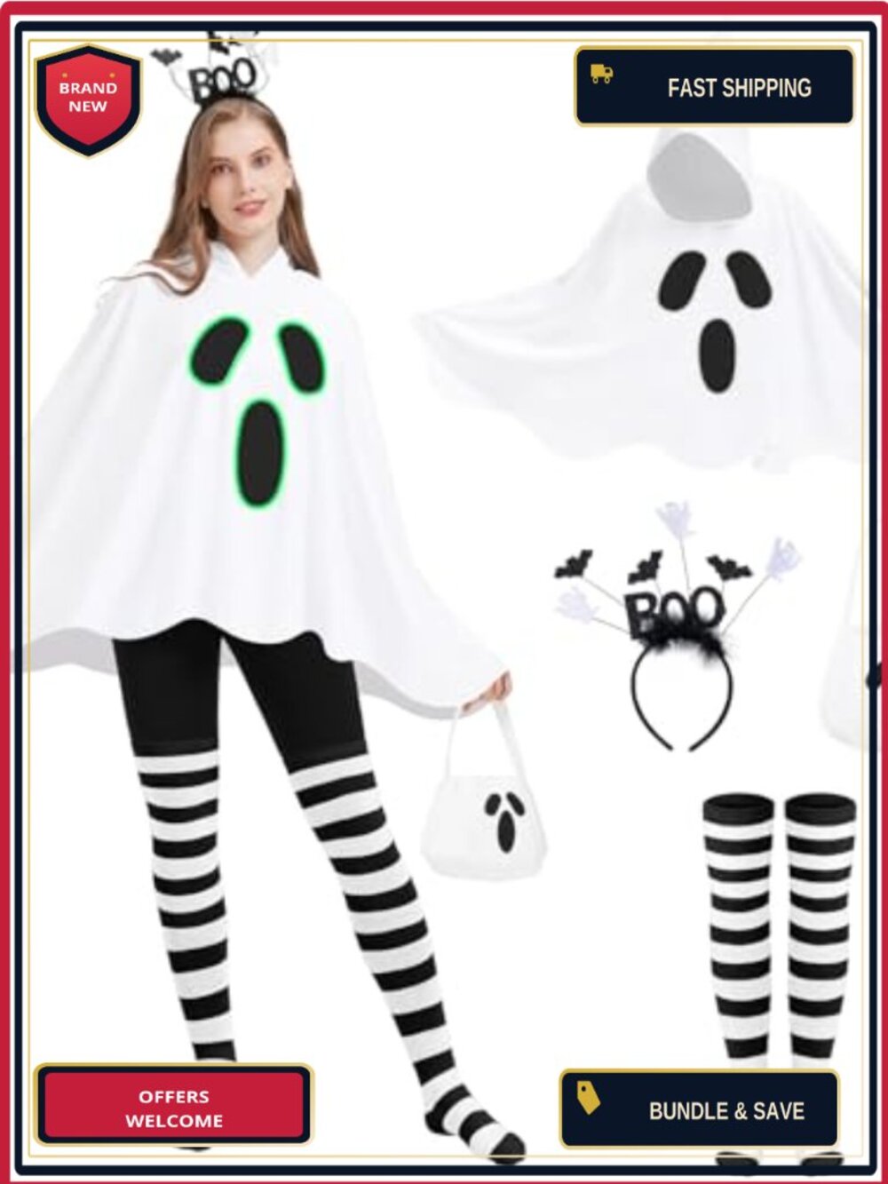 Ghost Poncho Costume Set Glow in the Dark Hooded Pullover Halloween 4 Pc